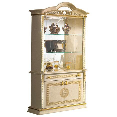 Vitrine 4 portes 1 tiroir bois vernis laqué brillant beige et doré Venus 105cm