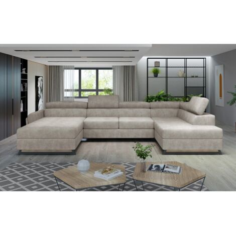 Grand canapé panoramique convertible tissu beige avec coffre Konba 370cm à droite-Coffre à droite (1/5)