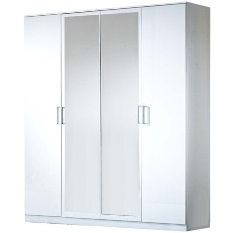 Armoire de chambre moderne 4 portes battantes bois blanc laqué et miroir Mona 181cm (1/4)