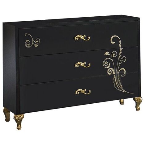 Commode 3 grands tiroirs design bois laqué noir et doré Jade 118cm (1/3)