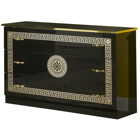Commode 3 grands tiroirs bois brillant noir et doré Savana (1/3)
