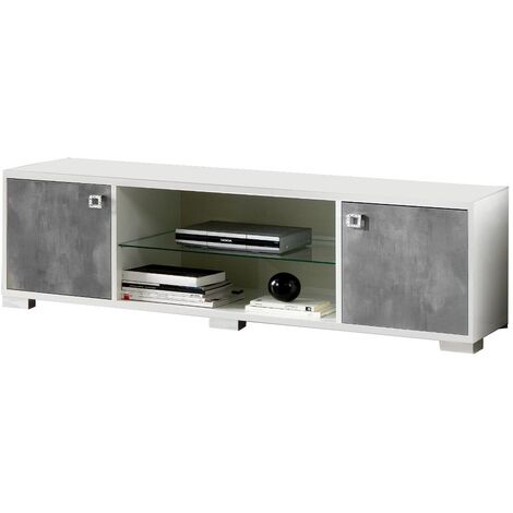 Meuble TV moderne gris béton et blanc brillant Sting 160cm (1/4)