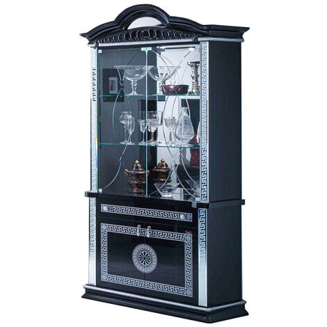 Vitrine 4 portes 1 tiroir bois vernis laqué brillant noir et gris Venus 105cm