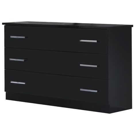 Commode design grands 3 tiroirs bois noir laqué avec poignées chromées Turin 116cm (1/3)