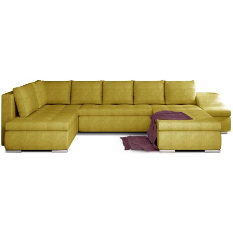 Canapé panoramique convertible JONAZ tissu - Rangement integré A droite-Jaune olive-Méridienne A droite