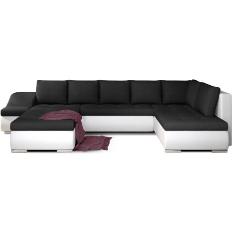 Canapé panoramique convertible JONAZ simili cuir, tissu - Rangement integré A gauche-Blanc/Noir-Méridienne A gauche (1/5)