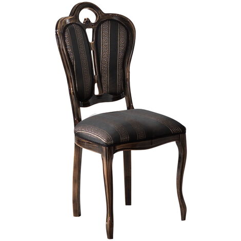 Chaise bois massif marron et assise tissu noir avec motifs dorés Kerla (1/4)