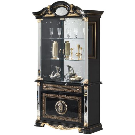 Vitrine 4 portes 1 tiroir bois vernis laqué brillant noir et doré Lesly 105cm
