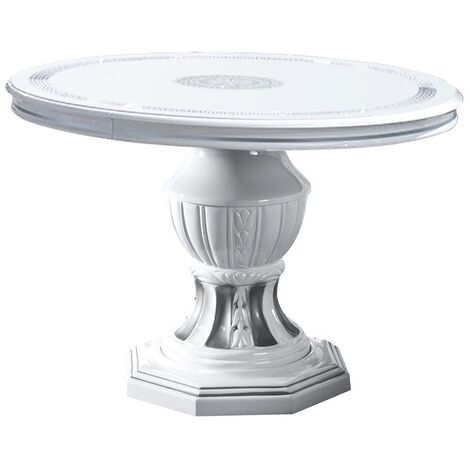 Table à manger ronde extensible bois vernis laqué brillant blanc et gris Vinza 110 à 160cm