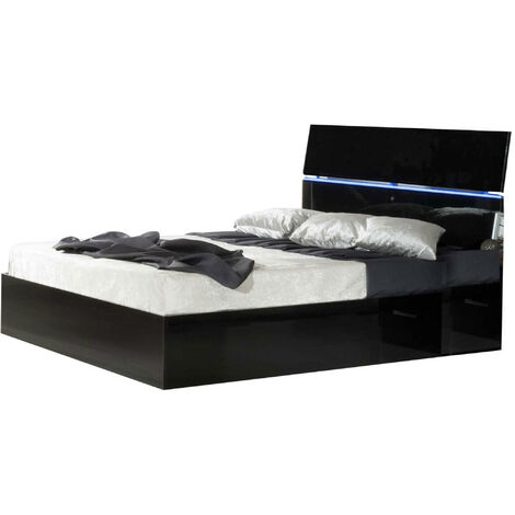 Lit coffre bois noir laqué et tête de lit noire laquée avec led Mona-160x200 (1/5)