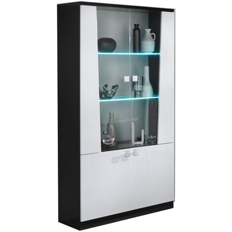 Vitrine 4 portes bois blanc et noir vernis laqué brillant Bilia 104cm