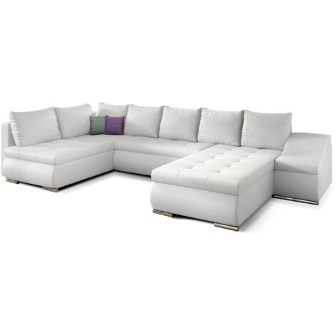Canapé panoramique convertible JONAZ simili cuir - Rangement integré A droite-Blanc-Méridienne A droite