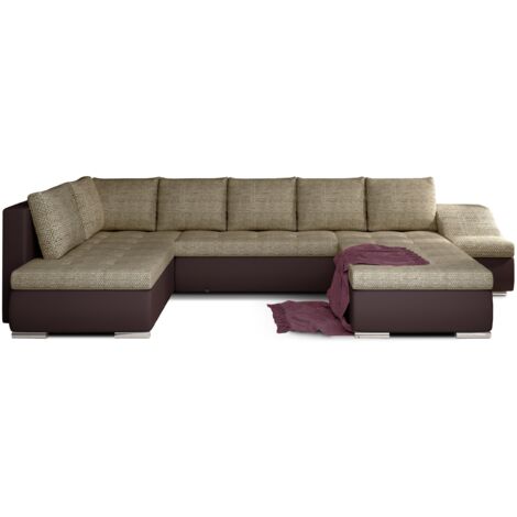 Canapé panoramique convertible JONAZ simili cuir, tissu - Rangement integré A droite-Marron/Beige clair chiné-Méridienne A droite (1/5)