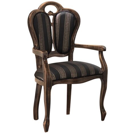 Fauteuil bois massif marron et assise tissu noir avec motifs dorés Kerla (1/3)
