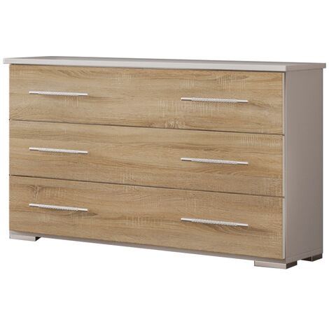 Commode 3 grands tiroirs bois blanc brillant et bois naturel mat Dova 100cm (1/3)