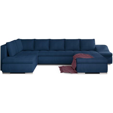Canapé panoramique convertible JONAZ velours - Rangement integré A droite-Bleu pétrole-Méridienne A droite