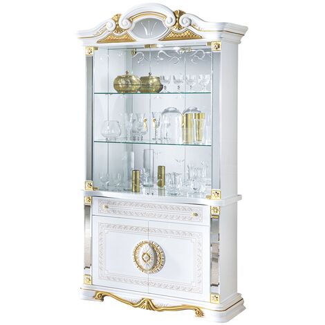 Vitrine 4 portes 1 tiroir bois vernis laqué brillant blanc et doré Lesly 105cm