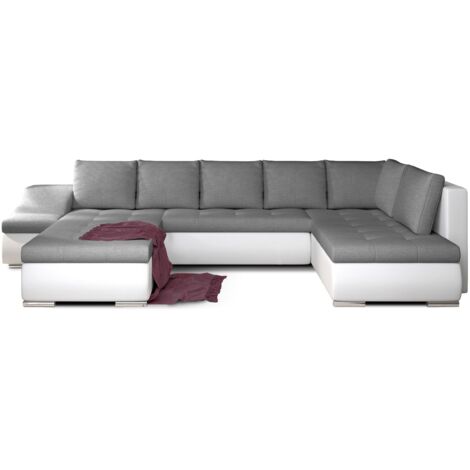 Canapé panoramique convertible JONAZ simili cuir, tissu - Rangement integré A gauche-Blanc/Gris-Méridienne A gauche