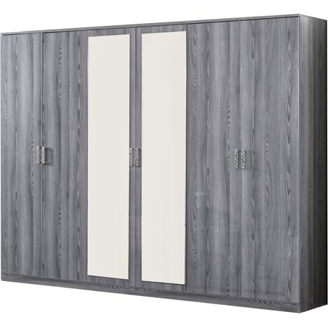 Grande armoire de chambre 6 portes battantes bois chêne grisé Nikoza 116cm (1/4)