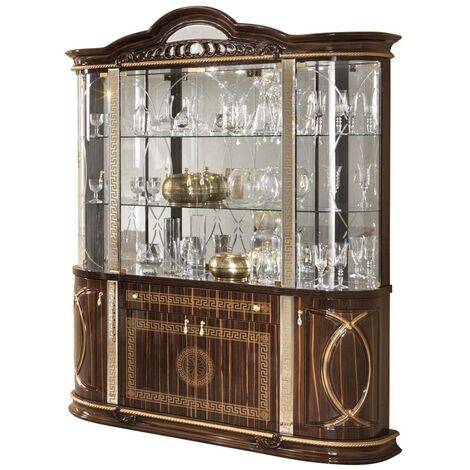 Vitrine 8 portes 1 tiroir bois vernis laqué brillant marron et doré Venus 163cm