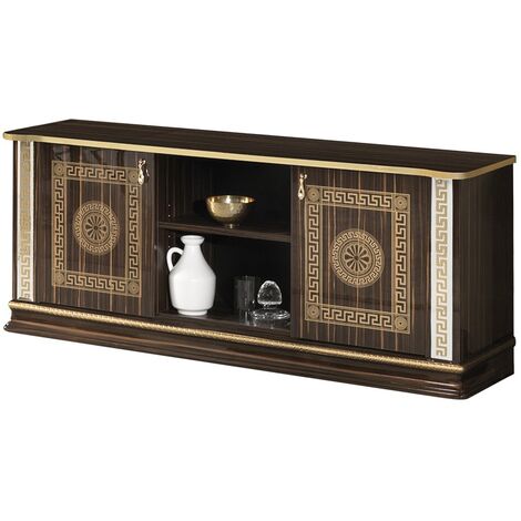 Meuble TV 2 portes 2 niches bois vernis laqué brillant marron et doré Venus 154cm (1/2)