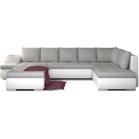 Canapé panoramique convertible JONAZ simili cuir, tissu - Rangement integré A gauche-Blanc/Gris clair chiné-Méridienne A gauche