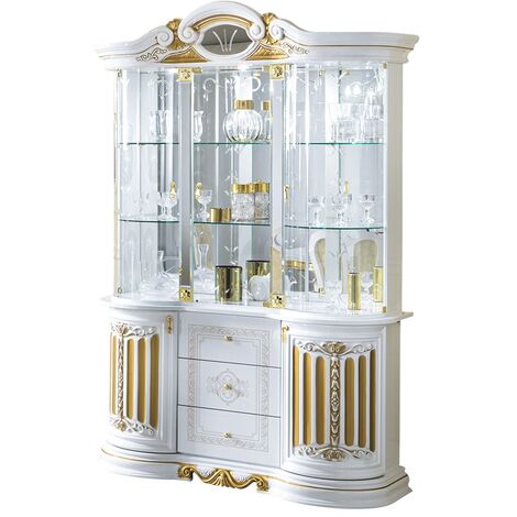 Vitrine 6 portes 3 tiroirs bois vernis laqué brillant blanc et doré Lesly 139cm
