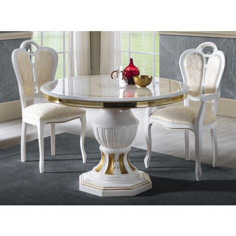 Les Tendances – Table à manger ronde extensible 110 à 160cm – Bois vernis laqué brillant blanc et doré – 6 à 10 places – Fabrication italienne