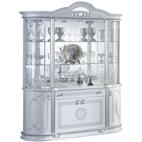 Vitrine 8 portes 1 tiroir bois vernis laqué brillant blanc et gris Venus 163cm