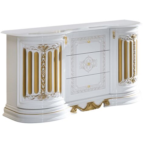 Buffet 2 portes 3 tiroirs bois vernis vernis laqué brillant brillant blanc et doré Lesly 134cm (1/3)