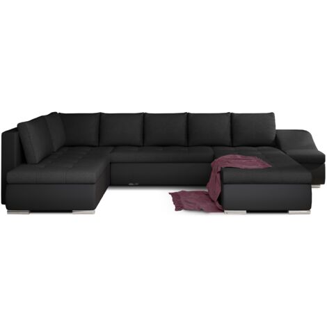 Canapé panoramique convertible JONAZ simili cuir, tissu - Rangement integré A droite-Noir/Noir-Méridienne A droite