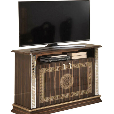 Meuble TV 2 portes 1 niche bois vernis laqué brillant marron et doré Venus 100cm (1/3)