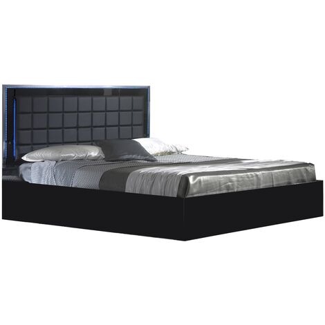 Lit design avec coffre bois noir laqué et tête de lit capitonnée simili cuir noir avec Led Turin-140x190 (1/5)