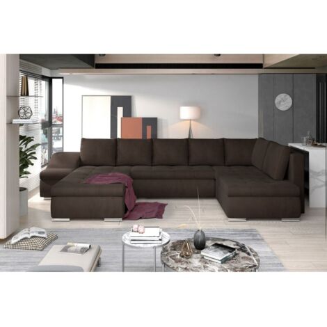 Canapé panoramique convertible JONAZ velours - Rangement integré A gauche-Marron-Méridienne A gauche (1/5)