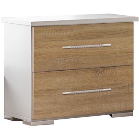 Chevet 2 tiroirs bois blanc brillant et bois naturel mat Dova 49cm (1/3)