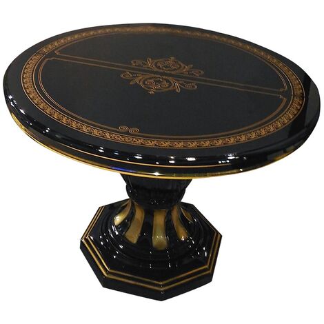 Table à manger ronde extensible bois vernis laqué brillant noir et doré Lesly 110 à 160cm