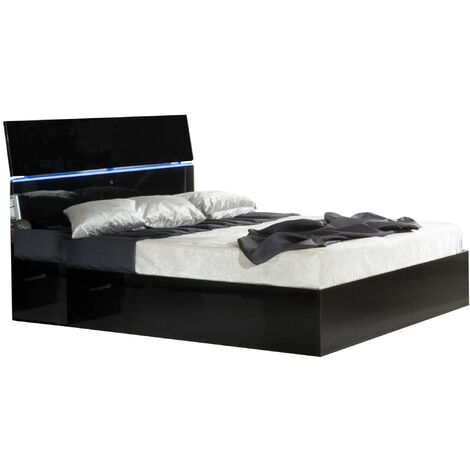 Lit moderne bois noir laqué et tête de lit noire laquée avec led Mona-160x200 (1/5)
