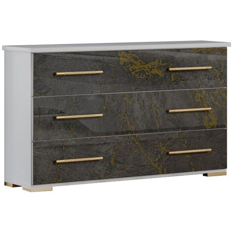 Commode 3 grands tiroirs bois blanc et bois gris brillant marbré doré Dova 100cm (1/3)
