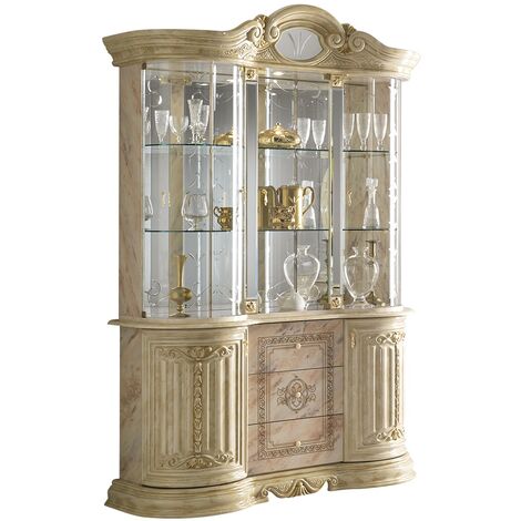Vitrine 6 portes 3 tiroirs bois vernis laqué brillant beige et onyx effet marbré Lesly 139cm