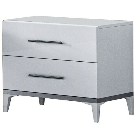 Chevet design 2 tiroirs bois blanc laqué et métal argenté Diamanto 60cm (1/2)