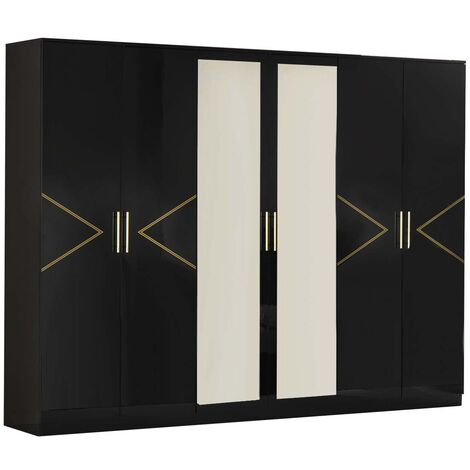 Grande armoire de chambre design 6 portes battantes bois noir laqué et métal doré Diamanto 270cm (1/4)