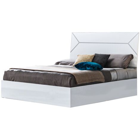 Lit coffre bois blanc laqué et tête de lit blanche laquée et argentée Diamanto-160x200