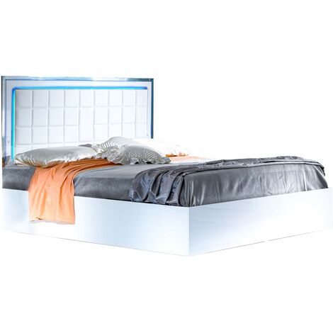 Lit design blanc laqué et tête de lit capitonnée simili cuir blanc avec Led Turin-160x200 (1/4)