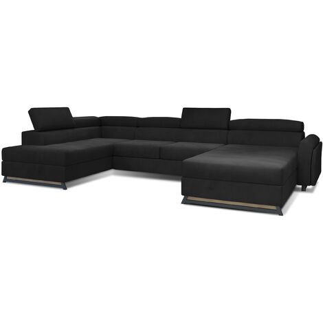 Grand canapé panoramique convertible velours noir avec coffre Konba 370cm à gauche-Coffre à gauche (1/5)