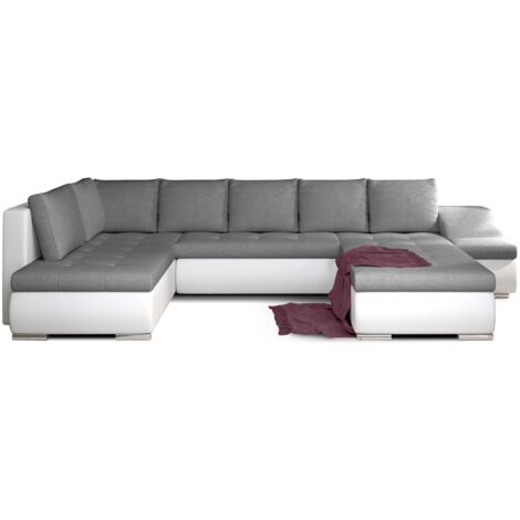 Canapé panoramique convertible JONAZ simili cuir, tissu - Rangement integré A droite-Blanc/Gris-Méridienne A droite