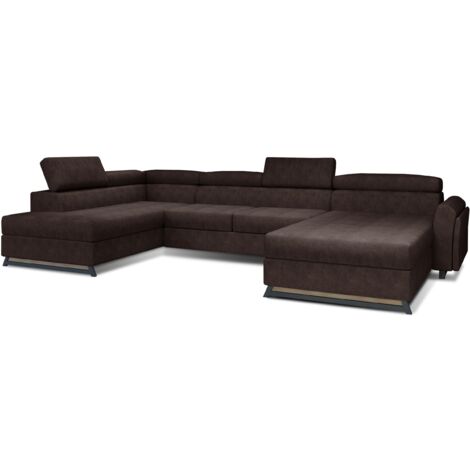 Grand canapé panoramique convertible tissu marron avec coffre Konba 370cm-Coffre à gauche (1/5)