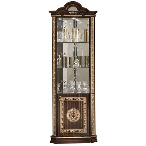 Vitrine d'angle bois vernis laqué brillant marron et doré Venus 64cm