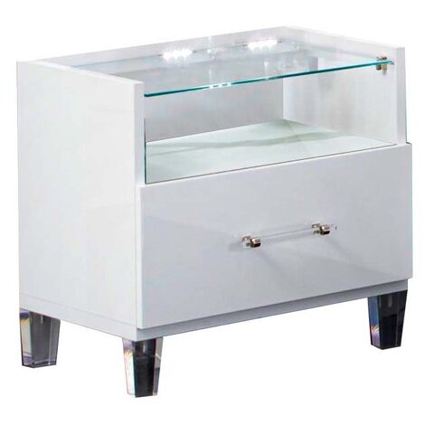 Chevet design bois blanc laqué et verre transparent à Led Krystal 60cm (1/3)