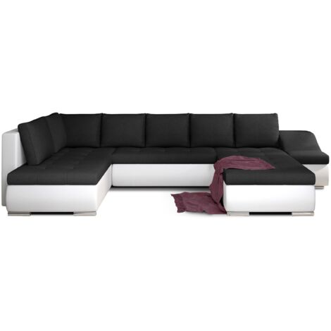 Canapé panoramique convertible JONAZ simili cuir, tissu - Rangement integré A droite-Blanc/Noir-Méridienne A droite