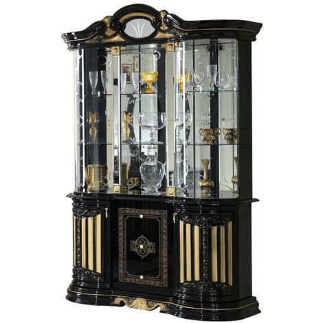Vitrine 6 portes 3 tiroirs bois laqué noir et doré Lesly 139cm